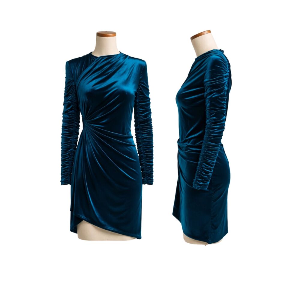 ATLEIN Paris Blue Velvet Ruched Long Sleeve Dress Designer Luxe Holiday Party 10